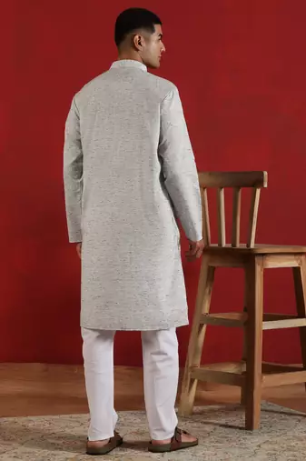 Khadi cotton solid knee length grey kurta