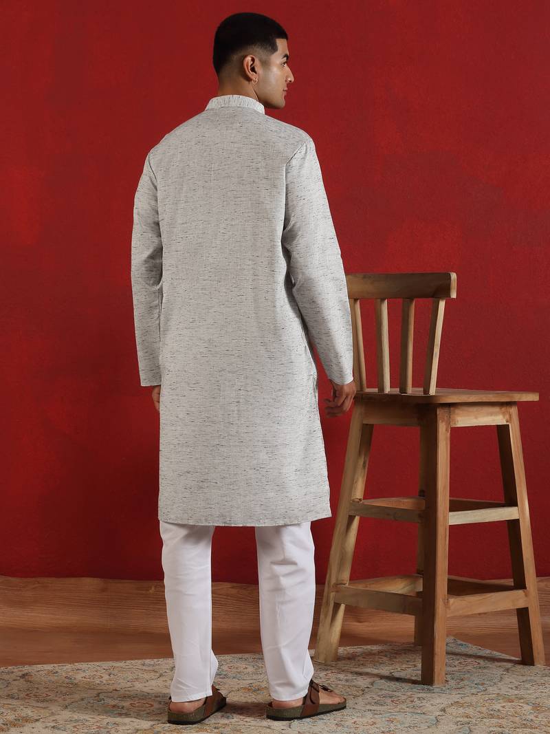 Khadi cotton solid knee length grey kurta