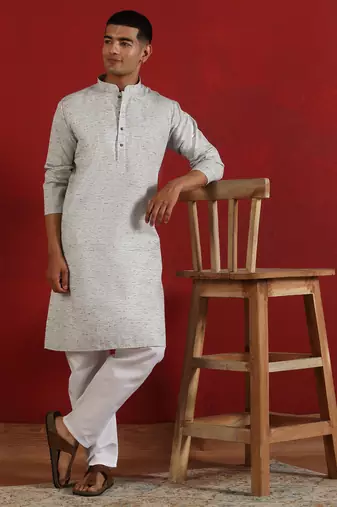 Khadi cotton solid knee length grey kurta