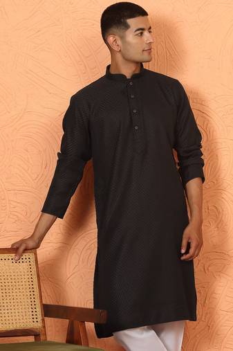 Chikan embroidered cotton rayon black kurta