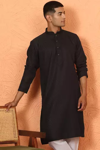 Chikan embroidered cotton rayon black kurta