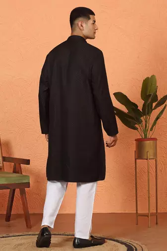 Chikan embroidered cotton rayon black kurta
