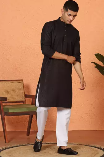Chikan embroidered cotton rayon black kurta