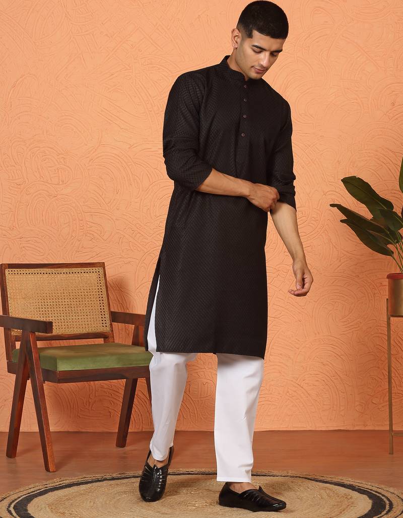 Chikan embroidered cotton rayon black kurta