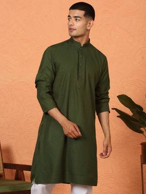 Chikan embroidered cotton rayon green kurta 1