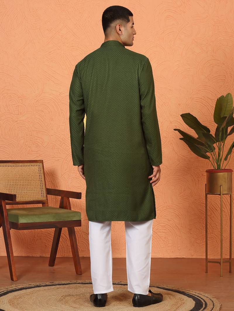Chikan embroidered cotton rayon green kurta