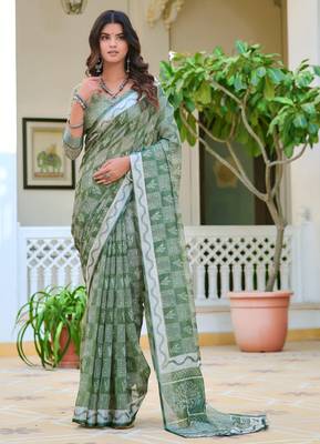 sea green cotton blend digital print saree 1