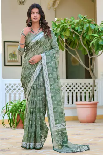 sea green cotton blend digital print saree