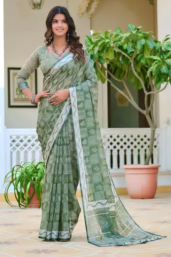 sea green cotton blend digital print saree