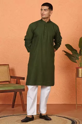 Chikan embroidered cotton rayon green kurta