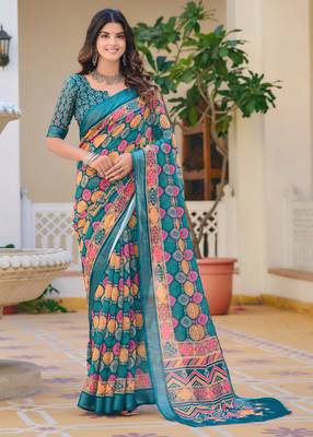 teal multicolor cotton blend digital print saree (sfcl527) 1