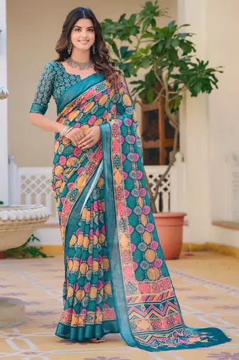 teal multicolor cotton blend digital print saree