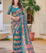 teal multicolor cotton blend digital print saree (sfcl527)
