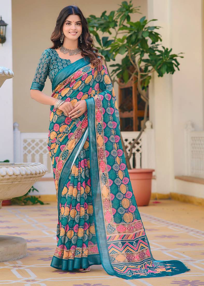teal multicolor cotton blend digital print saree (sfcl527)