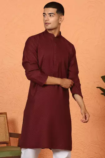 Chikan embroidered cotton rayon maroon kurta