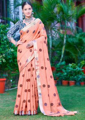 peach cotton blend saree polka dot print 1