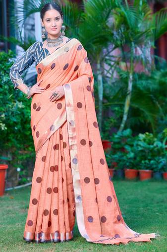peach cotton blend saree polka dot print