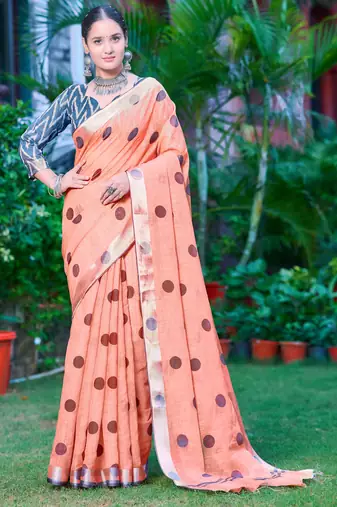 peach cotton blend saree polka dot print
