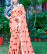 peach cotton blend saree polka dot print