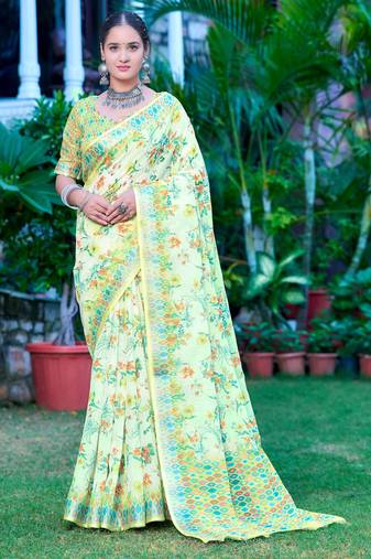 lime green cotton blend saree floral print