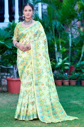 lime green cotton blend saree floral print