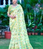 lime green cotton blend saree floral print