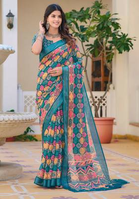 teal multicolor cotton blend digital print saree (sfcl527) 2