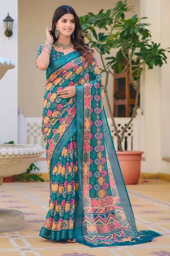 teal multicolor cotton blend digital print saree