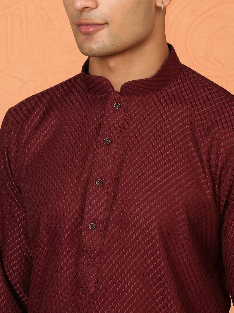 Chikan embroidered cotton rayon maroon kurta