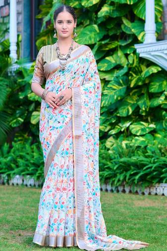 white beige cotton blend saree with floral print