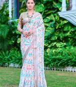 white beige cotton blend saree with floral print