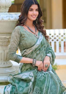 sea green cotton blend digital print saree 5