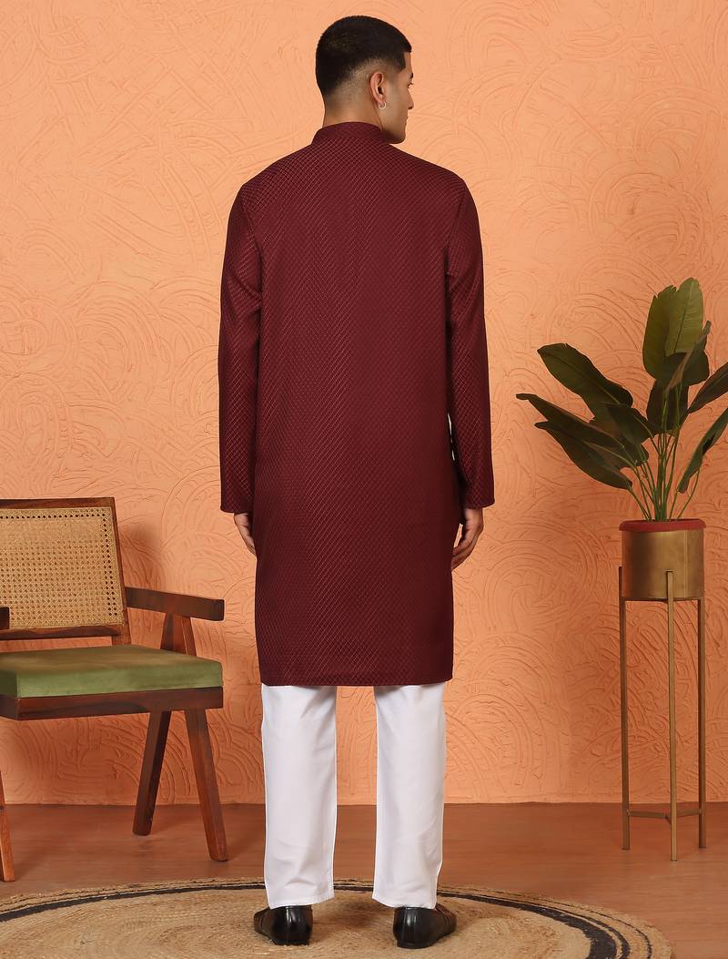 Chikan embroidered cotton rayon maroon kurta
