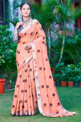 peach cotton blend saree polka dot print