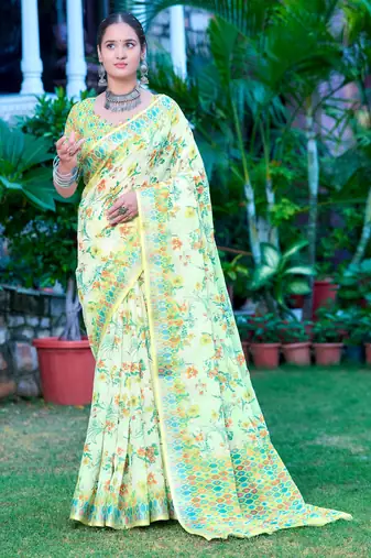 lime green cotton blend saree floral print