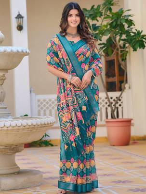 teal multicolor cotton blend digital print saree (sfcl527) 3