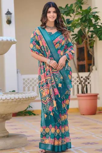 teal multicolor cotton blend digital print saree