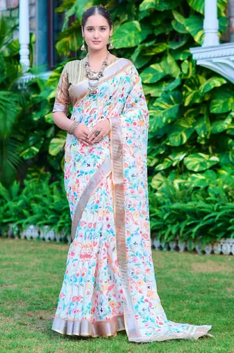 white beige cotton blend saree with floral print