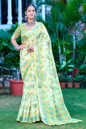 lime green cotton blend saree floral print