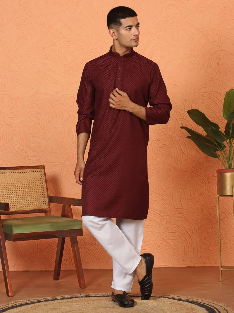 Chikan embroidered cotton rayon maroon kurta