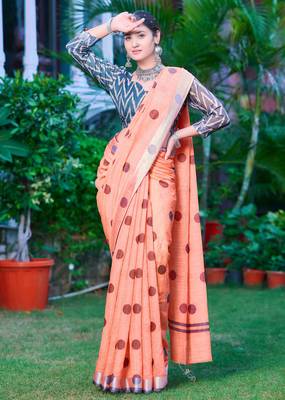 peach cotton blend saree polka dot print 3