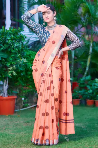 peach cotton blend saree polka dot print