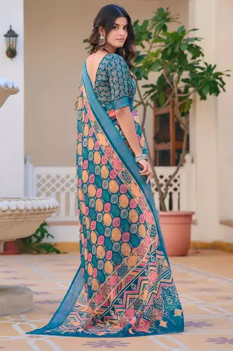 teal multicolor cotton blend digital print saree