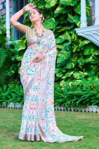white beige cotton blend saree with floral print