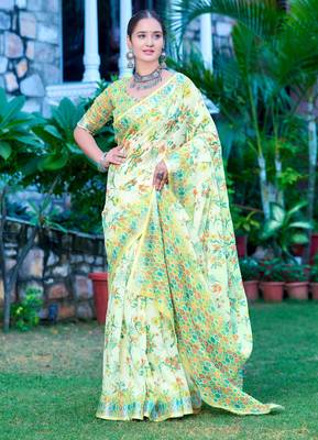 lime green cotton blend saree floral print 4
