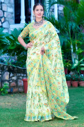 lime green cotton blend saree floral print