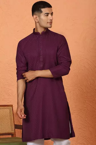 Chikan embroidered cotton rayon purple kurta