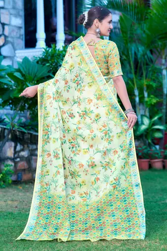 lime green cotton blend saree floral print
