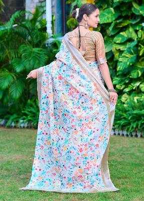 white beige cotton blend saree with floral print 4