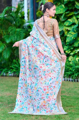 white beige cotton blend saree with floral print